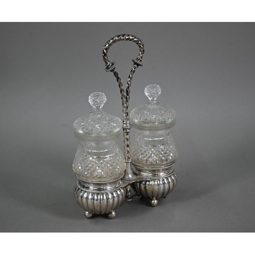 115 - A late 19th Century Dutch pair of hobnail-cut glass jars and covers in .833 standard silver stand wi... 