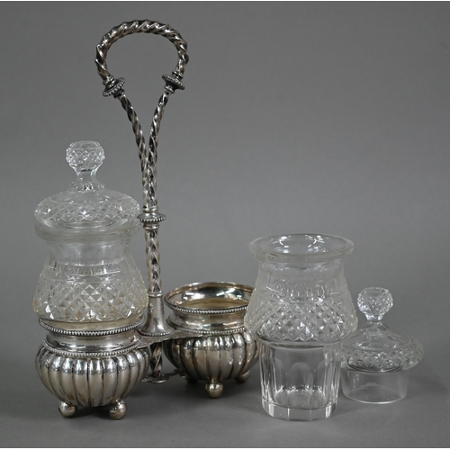 115 - A late 19th Century Dutch pair of hobnail-cut glass jars and covers in .833 standard silver stand wi... 