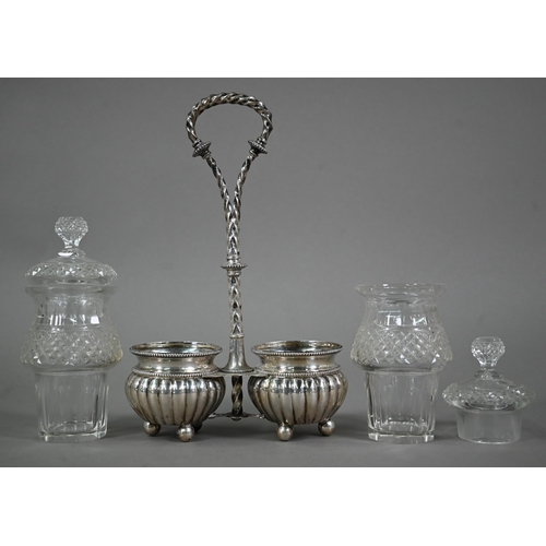 115 - A late 19th Century Dutch pair of hobnail-cut glass jars and covers in .833 standard silver stand wi... 