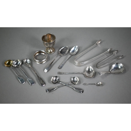 117 - A William IV silver fiddle pattern caddy spoon, Gervaise Wheeler, Birmingham 1835 and a pair of suga... 