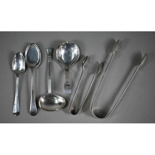 117 - A William IV silver fiddle pattern caddy spoon, Gervaise Wheeler, Birmingham 1835 and a pair of suga... 