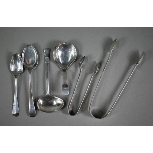 117 - A William IV silver fiddle pattern caddy spoon, Gervaise Wheeler, Birmingham 1835 and a pair of suga... 