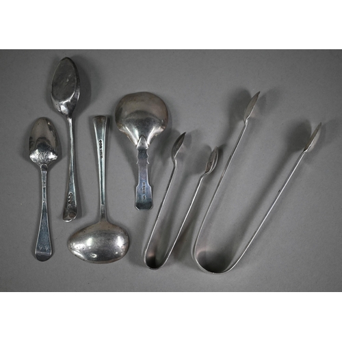 117 - A William IV silver fiddle pattern caddy spoon, Gervaise Wheeler, Birmingham 1835 and a pair of suga... 