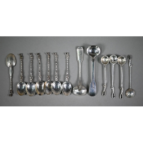 118 - A set of four antique white metal salt spoons with shell bowls and whiplash stems, to/w two Georgian... 