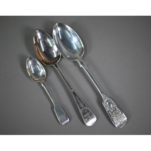 124 - Jersey silver: a tablespoon with wriggle work decoration, engraved date 1822, Jacques Quesnel, to/w ... 