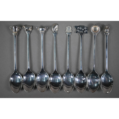 125 - Jersey interest: a cased set of eight silver souvenir teaspoons with Jersey-related finials, Martyn ... 