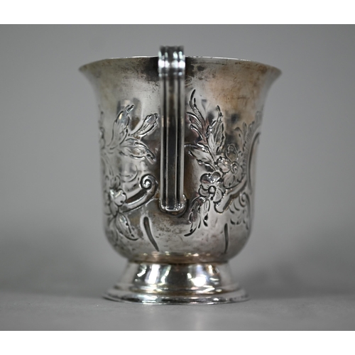 131 - A George III silver invalid's cup with floral engraving, twin reeded strap handles and moulded foot-... 