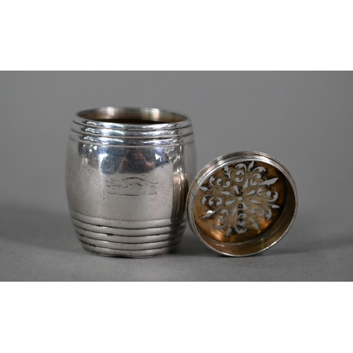 136 - A Victorian novelty pomander (or spice-pot) in the form of a miniature barrel with pierced screw top... 