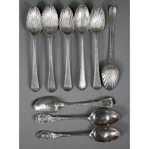 144 - A set of six early Victorian heavy quality silver teaspoons with shell and scroll finials, Mary Chaw... 