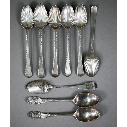 144 - A set of six early Victorian heavy quality silver teaspoons with shell and scroll finials, Mary Chaw... 