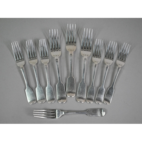 148 - A matched set of seven Victorian fiddle pattern dessert forks - four William Pope, Exeter 1847, the ... 