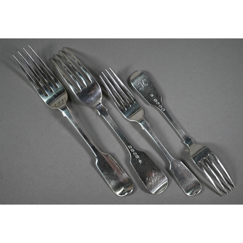 148 - A matched set of seven Victorian fiddle pattern dessert forks - four William Pope, Exeter 1847, the ... 