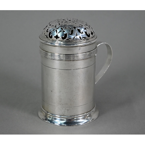 149 - An Arts & Crafts silver spice (or flour) dredger of cylindrical form with pierced domed cover an... 