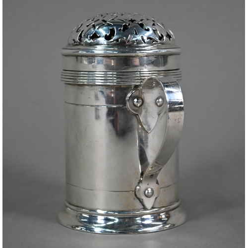 149 - An Arts & Crafts silver spice (or flour) dredger of cylindrical form with pierced domed cover an... 