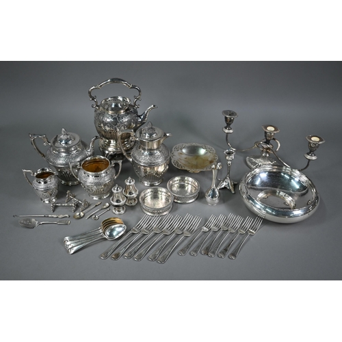15 - A Victorian EPBM four-piece tea service including hot water jug, to/w a kettle on stand, candelabrum... 