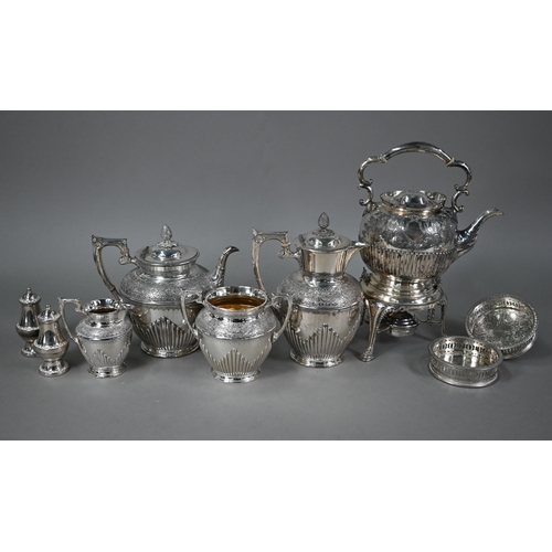 15 - A Victorian EPBM four-piece tea service including hot water jug, to/w a kettle on stand, candelabrum... 