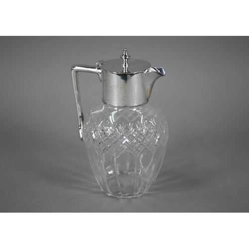 150 - A cut glass claret jug with Elkington & Co electroplated collar, cover and handle