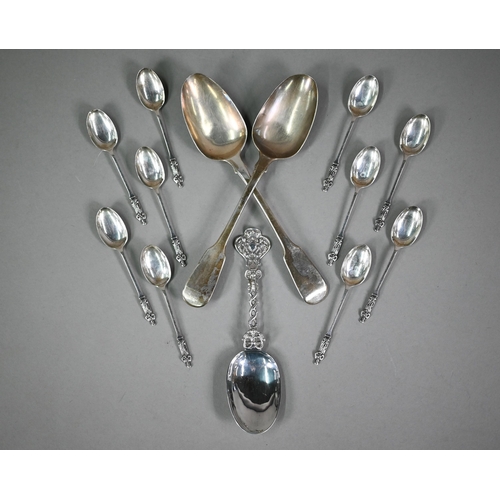 154 - A pair of George IV silver fiddle pattern tablespoons, Maurice & Michael Emmanuel, London 1825, ... 