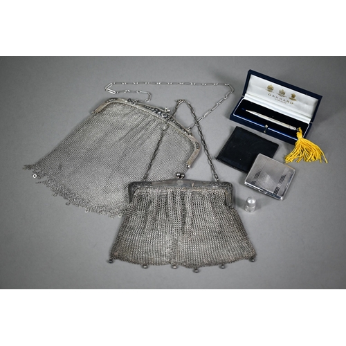 157 - A silver mesh evening bag, London import 1913, to/w a Portuguese .833 standard example; lot also inc... 