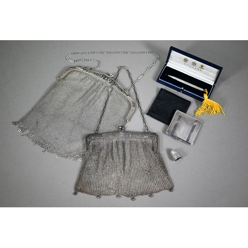 157 - A silver mesh evening bag, London import 1913, to/w a Portuguese .833 standard example; lot also inc... 