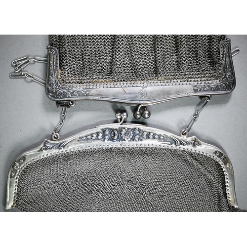 157 - A silver mesh evening bag, London import 1913, to/w a Portuguese .833 standard example; lot also inc... 