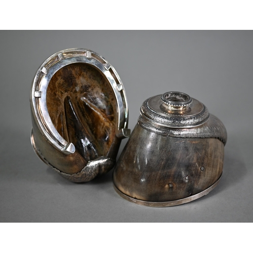 163 - A Victorian pair of silver-mounted horse's hooves, fashioned as candlesticks, engraved '