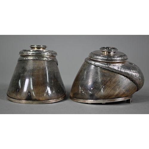 163 - A Victorian pair of silver-mounted horse's hooves, fashioned as candlesticks, engraved '