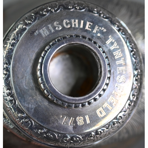 163 - A Victorian pair of silver-mounted horse's hooves, fashioned as candlesticks, engraved '