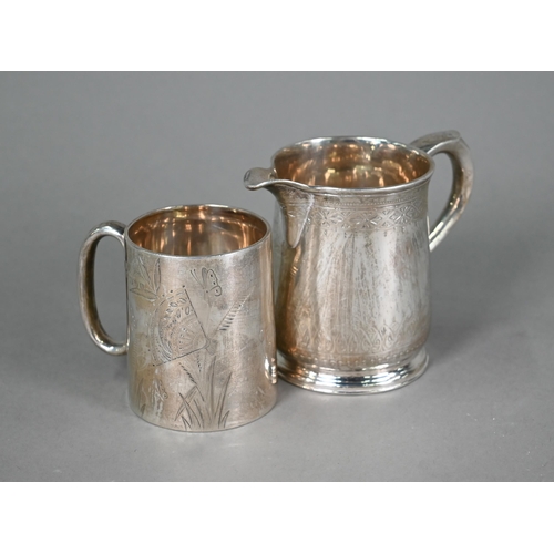 191 - WITHDRAWN A Victorian silver engraved jug, London 1873, to/w a Christening mug, engraved in the Aest... 