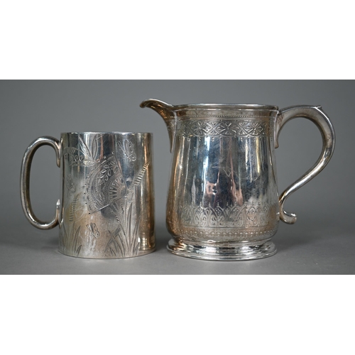 191 - WITHDRAWN A Victorian silver engraved jug, London 1873, to/w a Christening mug, engraved in the Aest... 