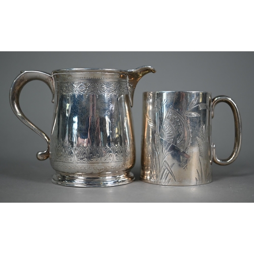 191 - WITHDRAWN A Victorian silver engraved jug, London 1873, to/w a Christening mug, engraved in the Aest... 