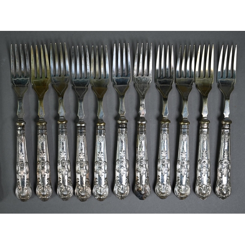 198 - A set of eleven each Queens pattern fish knives and forks with loaded silver handles, to/w various o... 