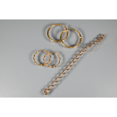 214 - A 9ct rose gold curb chain (a/f), to/w two pairs of large twisted hoop earrings, approx 27.2 g all i... 