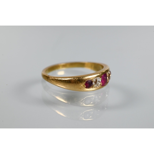 218 - An antique 18ct yellow gold ring set with five graduated alternate set ruby and diamonds, size N, ap... 