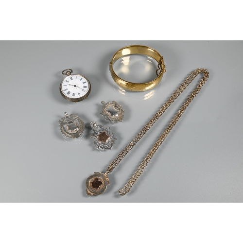 219 - Three silver Victorian shield fobs, a silver-cased pocket watch, silver-gilt belcher chain and gilt ... 