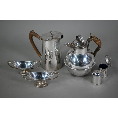 22 - A pair of ep twin-handled navette open salts, to/w a pair of mustards pots, Jersey cream jug and a h... 
