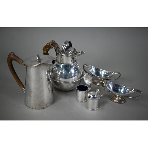 22 - A pair of ep twin-handled navette open salts, to/w a pair of mustards pots, Jersey cream jug and a h... 