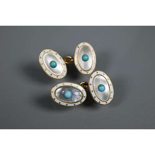 230 - A pair of oval chain-linked cufflinks with white enamel and mother of pearl decoration, the centre s... 