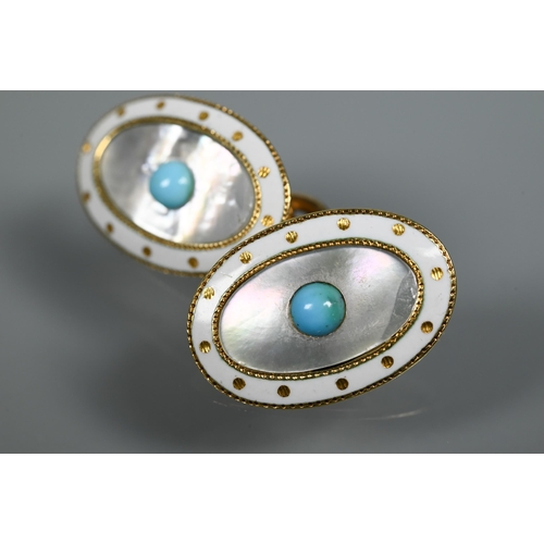 230 - A pair of oval chain-linked cufflinks with white enamel and mother of pearl decoration, the centre s... 