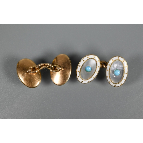 230 - A pair of oval chain-linked cufflinks with white enamel and mother of pearl decoration, the centre s... 