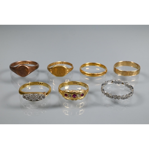 241 - A collection of seven various rings including diamond set scroll, 18ct yellow gold and platinum set ... 