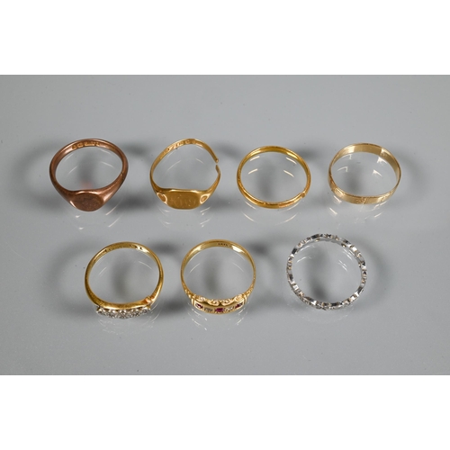 241 - A collection of seven various rings including diamond set scroll, 18ct yellow gold and platinum set ... 