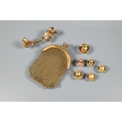 244 - A collection of various old gold items including 9ct and 18ct studs, denture holder, and mesh sovere... 