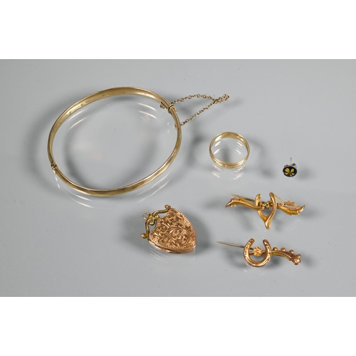 248 - Quantity of old gold to include 9ct Victorian shield shaped locket, bangle (filled), two 9ct part br... 