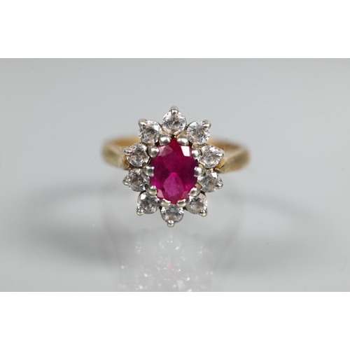 249 - A ruby and diamond cluster ring, the oval ruby with ten claw set diamonds around, 18ct yellow gold s... 