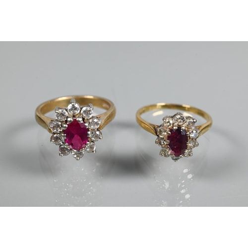 249 - A ruby and diamond cluster ring, the oval ruby with ten claw set diamonds around, 18ct yellow gold s... 