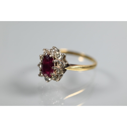 249 - A ruby and diamond cluster ring, the oval ruby with ten claw set diamonds around, 18ct yellow gold s... 