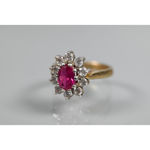 249 - A ruby and diamond cluster ring, the oval ruby with ten claw set diamonds around, 18ct yellow gold s... 