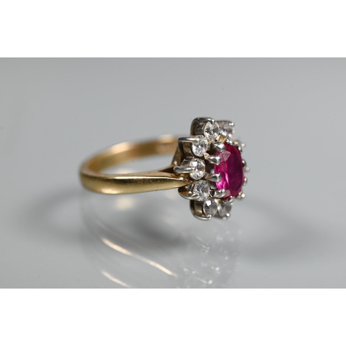 249 - A ruby and diamond cluster ring, the oval ruby with ten claw set diamonds around, 18ct yellow gold s... 