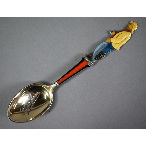 25 - A Norwegian silver gilt and enamel souvenir spoon for Bergen, the handle modelled as a fisherman, to... 